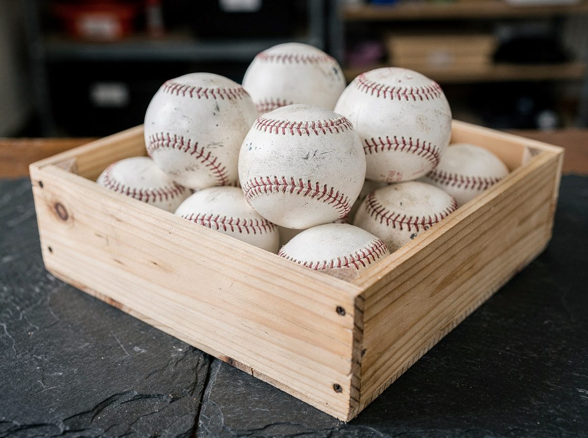 木箱に入った練習用ボール12個セットのスタジオ撮影